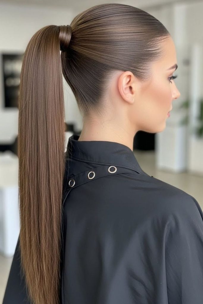 Slick back ponytail polished hairstyle.