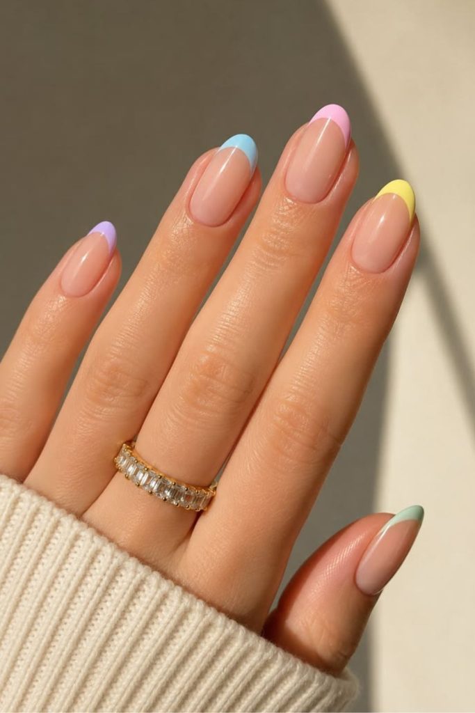 Pastel French tip school nails.