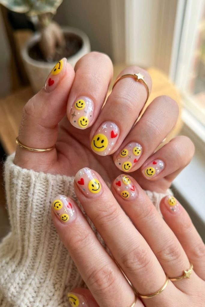 Cheerful smiley face teacher nails.