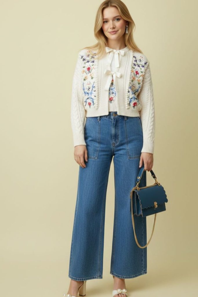 Light wash jeans floral sweater outfit