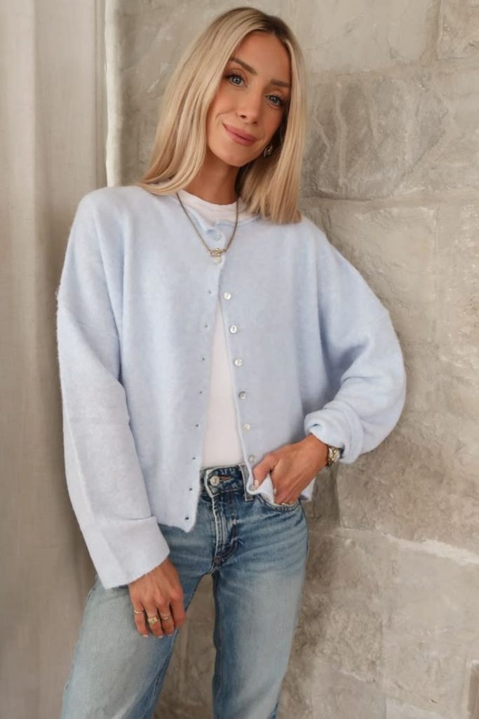 Powder blue cardigan with jeans