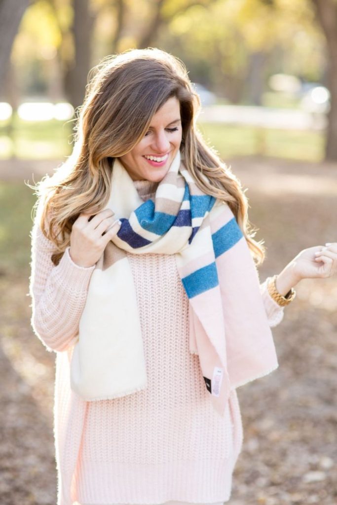 Soft denim and blush sweater outfit