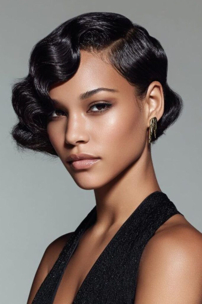 Vintage finger waves on short hair.