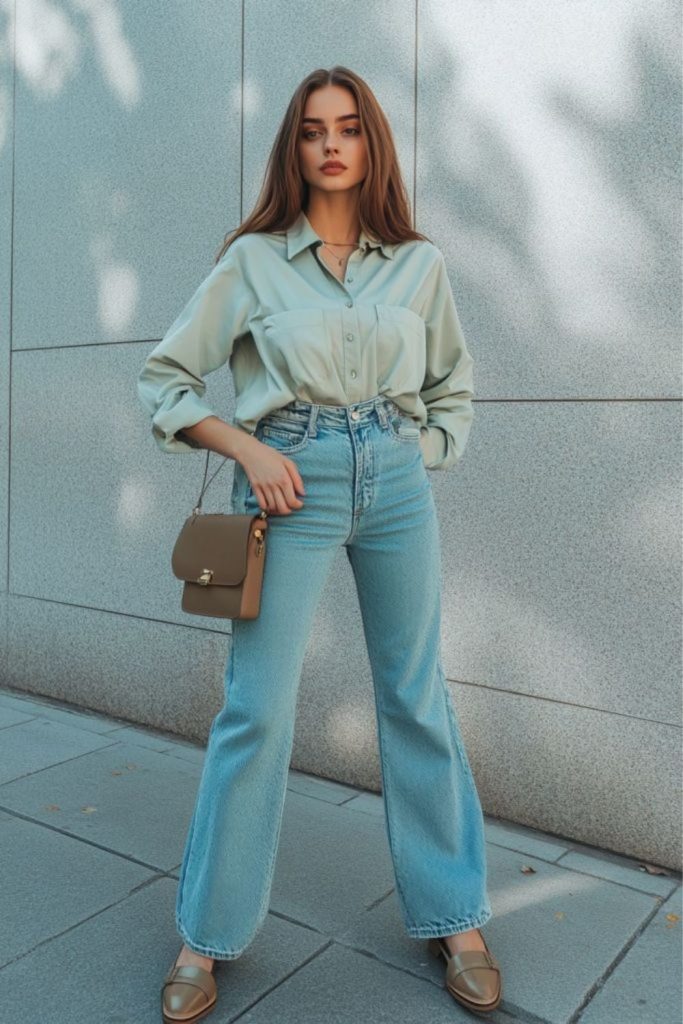 Sage blouse with light denim