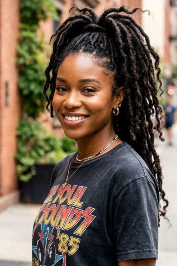 High ponytail featuring soft faux locs.