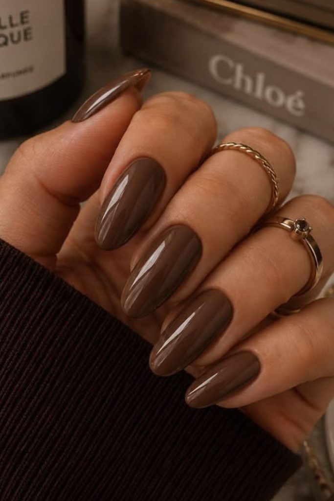 Cozy mocha glossy autumn nails.