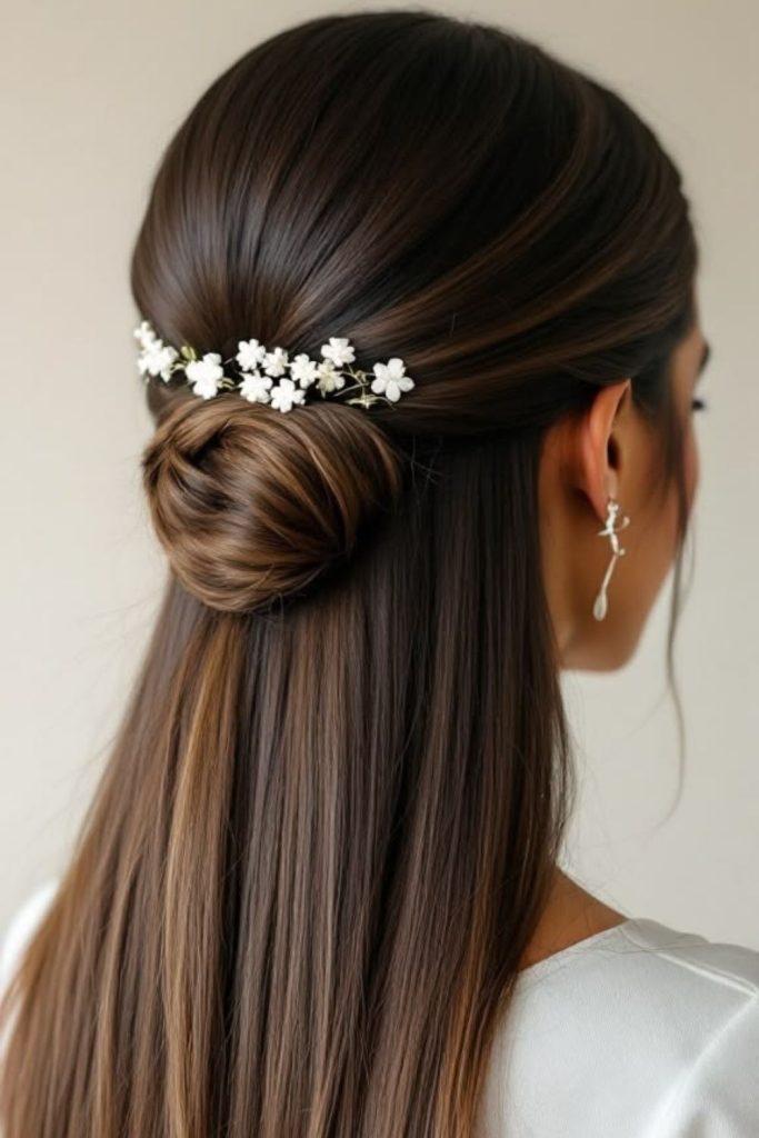 Straight hair with orchid flower accents.