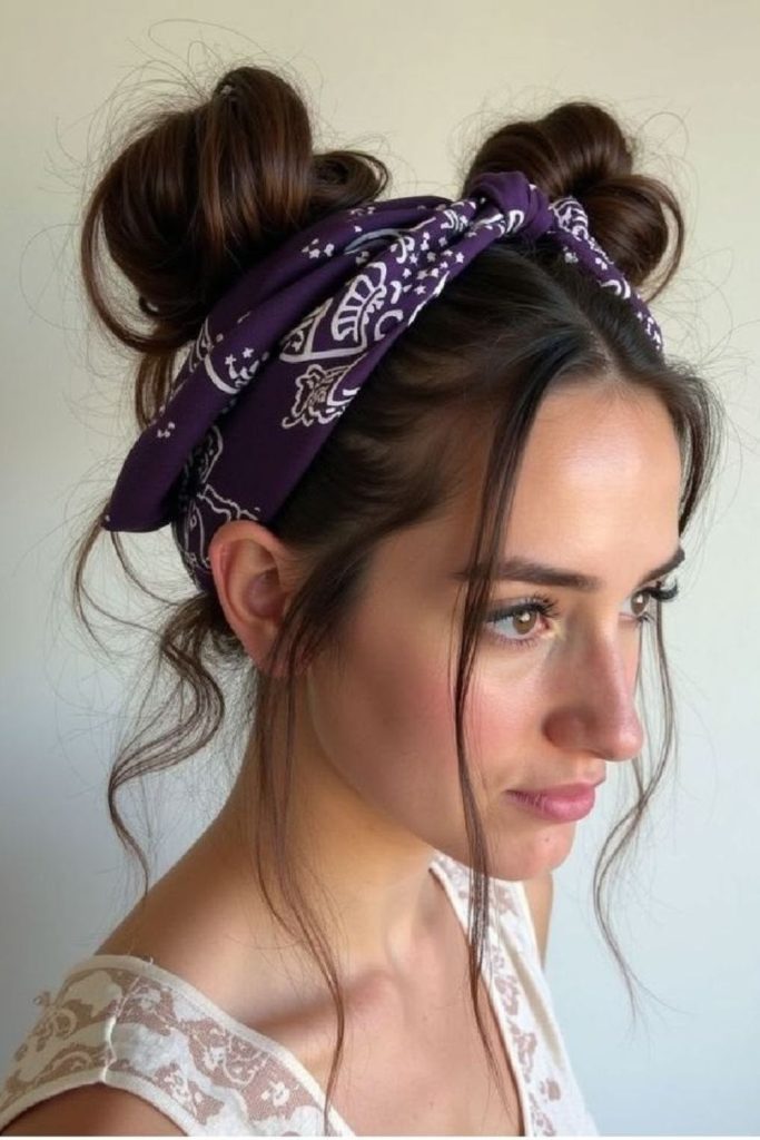 Space buns beneath colorful bandana wrap.