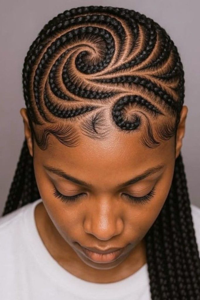 Elegant spiral crown cornrow braids.