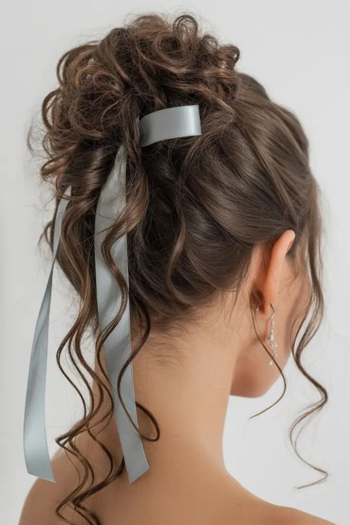 Storybook ribbon bun with loose tendrils.