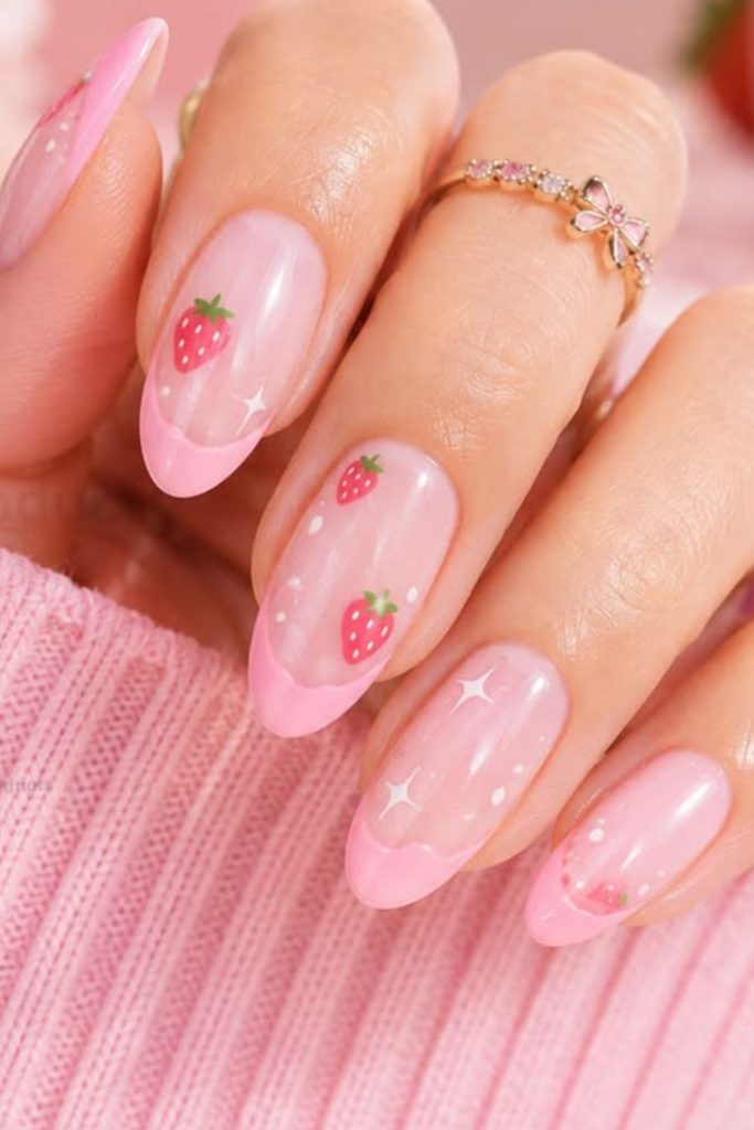 Glossy strawberry milk pink nails.