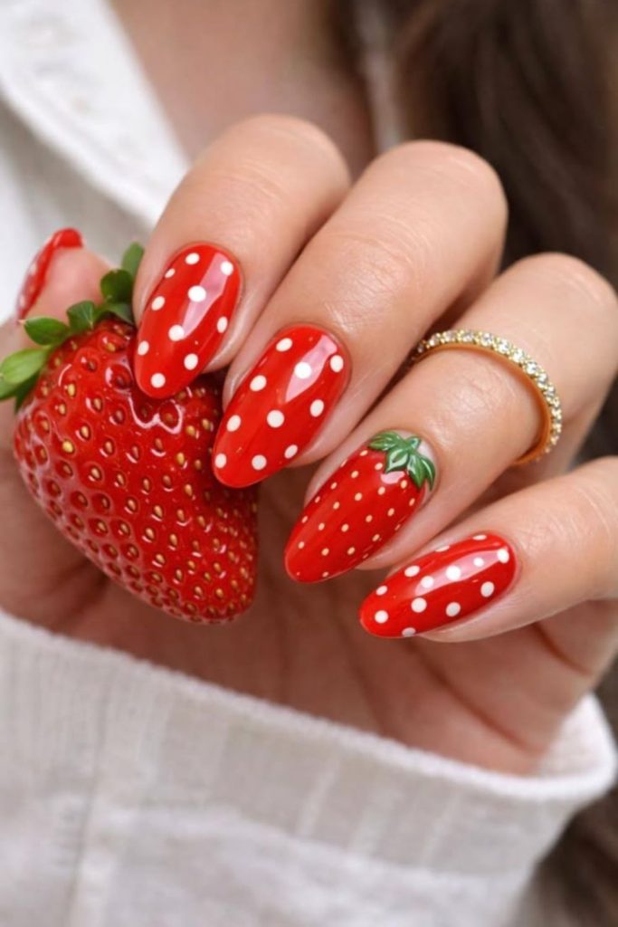 Strawberry pink glossy sorbet nail design.