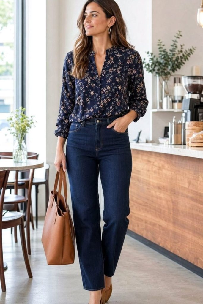 Dark straight jeans printed blouse outfit