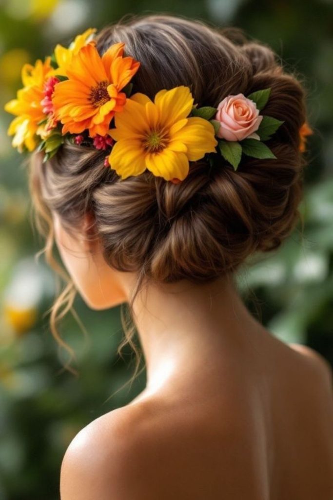 Sunflower fiesta bun hairstyle.