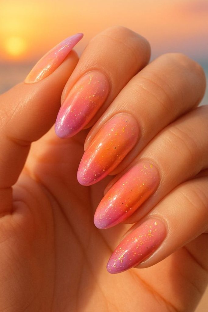 Sunset glitter gradient July nail design.