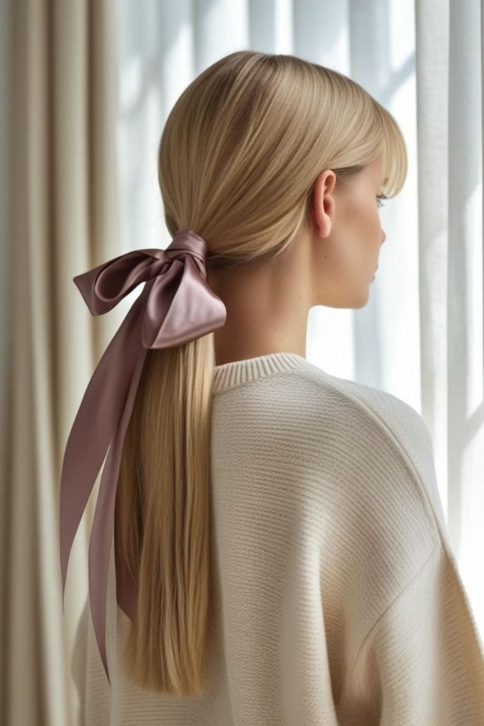 Girl wearing ribbon low ponytail hairstyle.