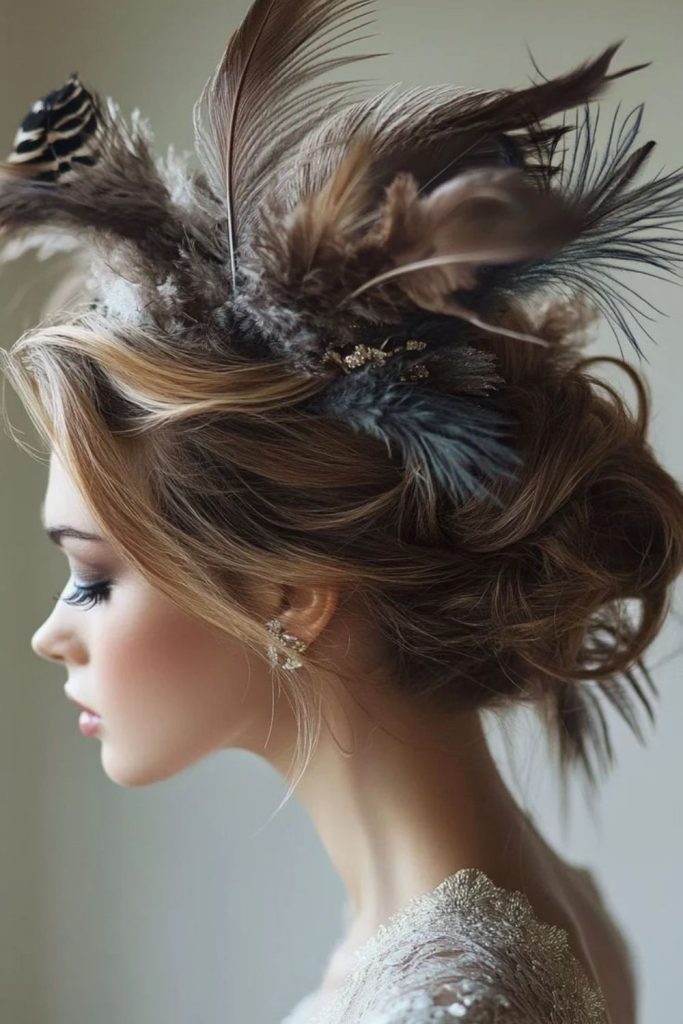Swan feather chignon with pearl accents.