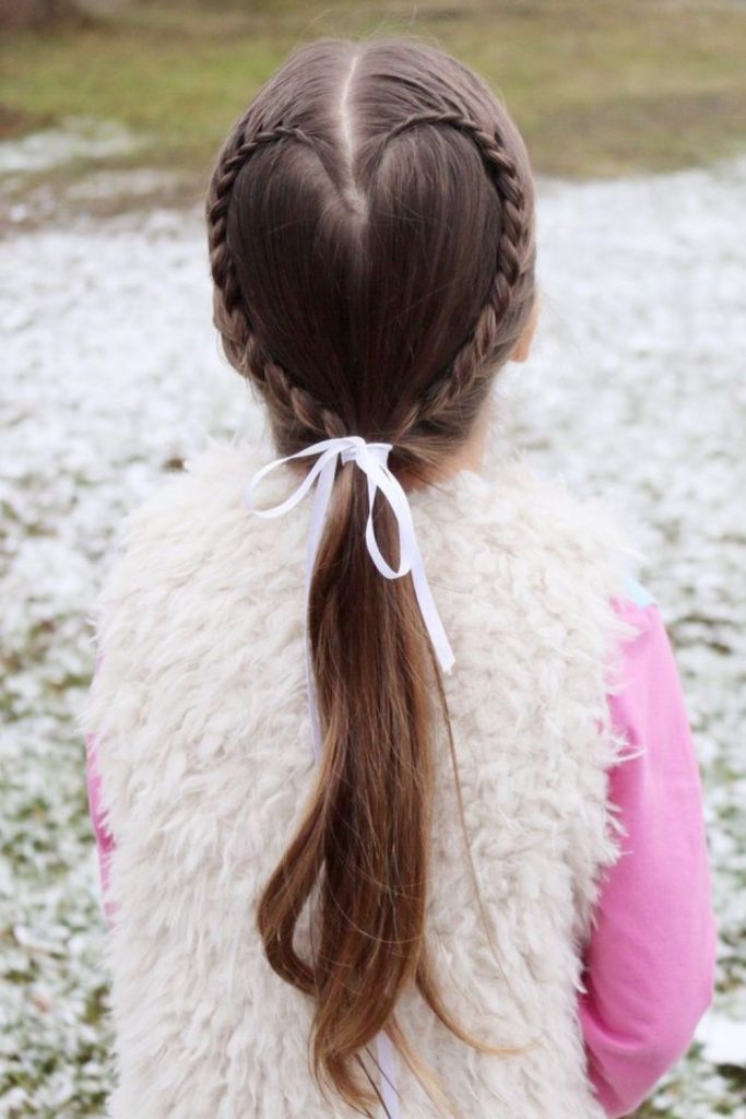 Heart braided pigtails with cute ribbons.