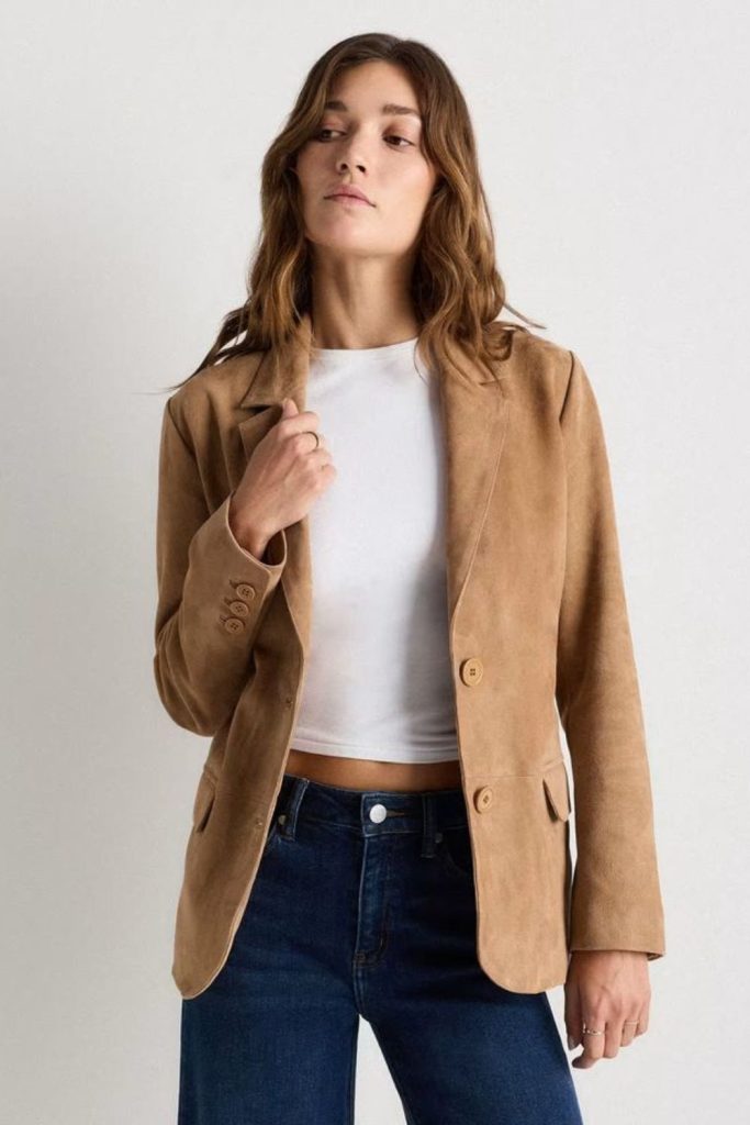 Camel blazer with dark jeans