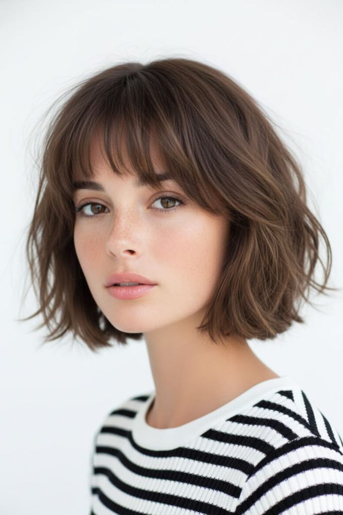 Textured French bob with bangs.