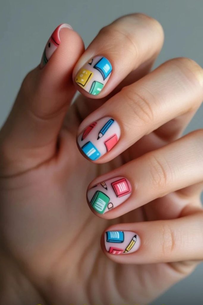 Cute backpack themed school nails.