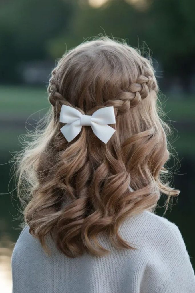 Braided crown decorated with tiny bows.