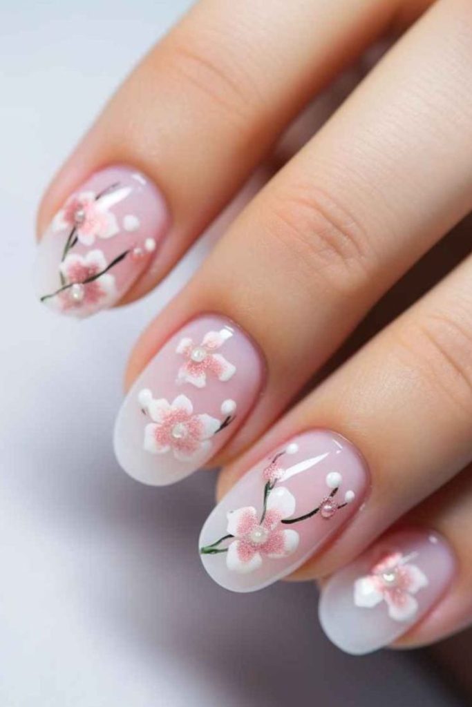 Nude nails with tiny daisies.