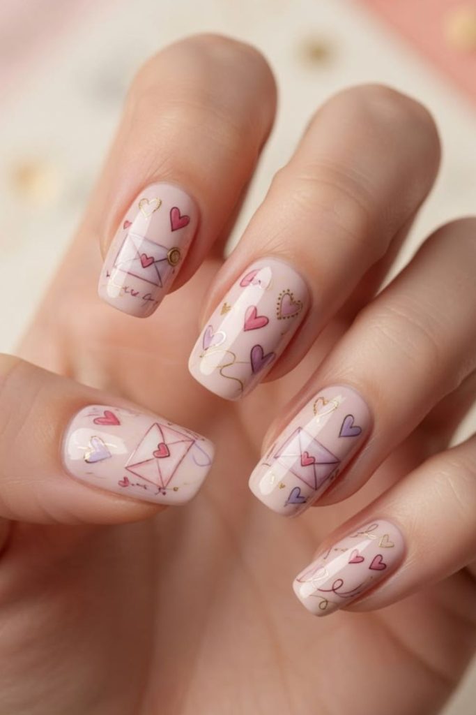 Tiny colorful heart notebook nail art.