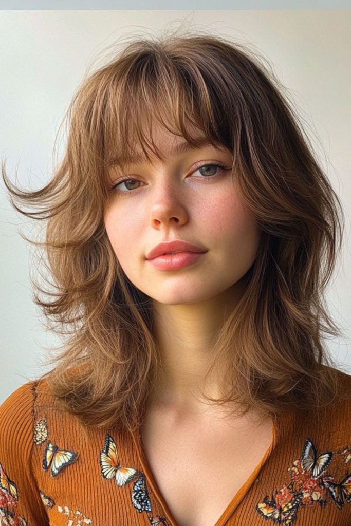 Tousled caramel wolf cut with bangs.