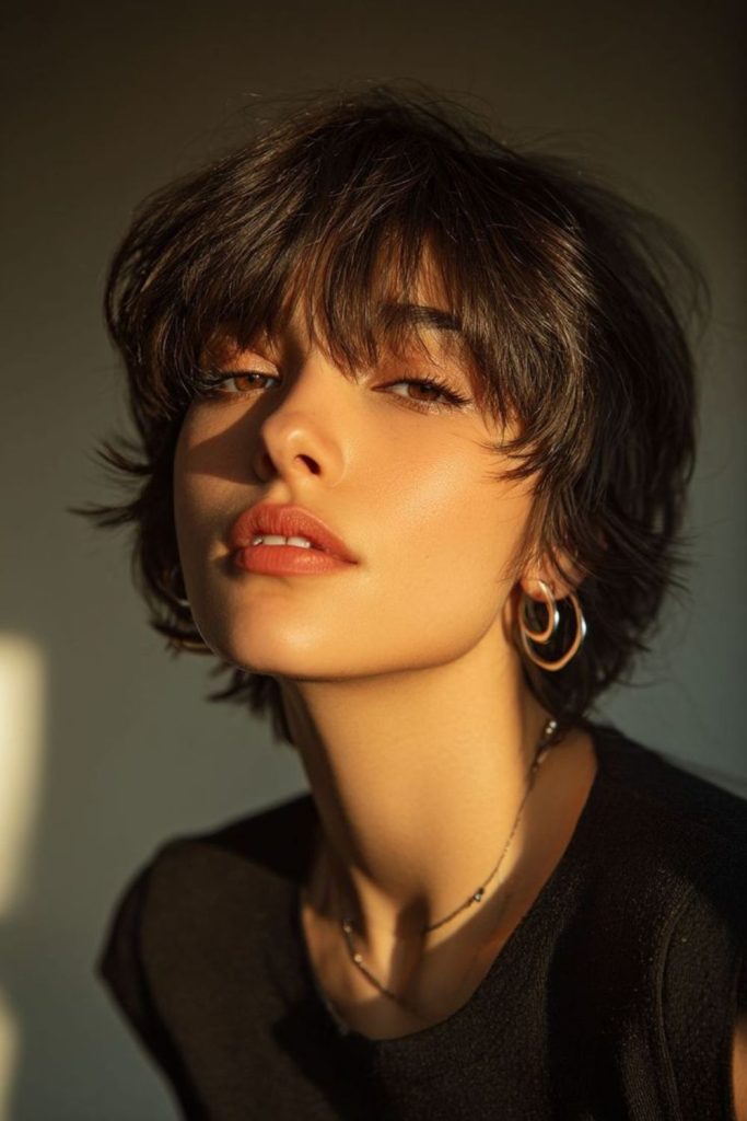 Tousled shag haircut with layers.