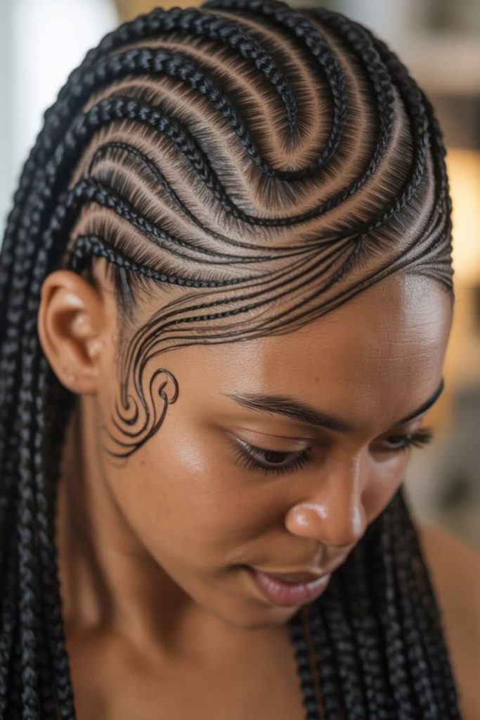 Curved tribal inspired cornrow braids.