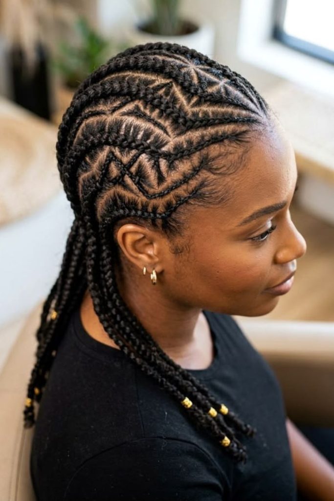 Tribal patterned natural cornrow braids hairstyle.