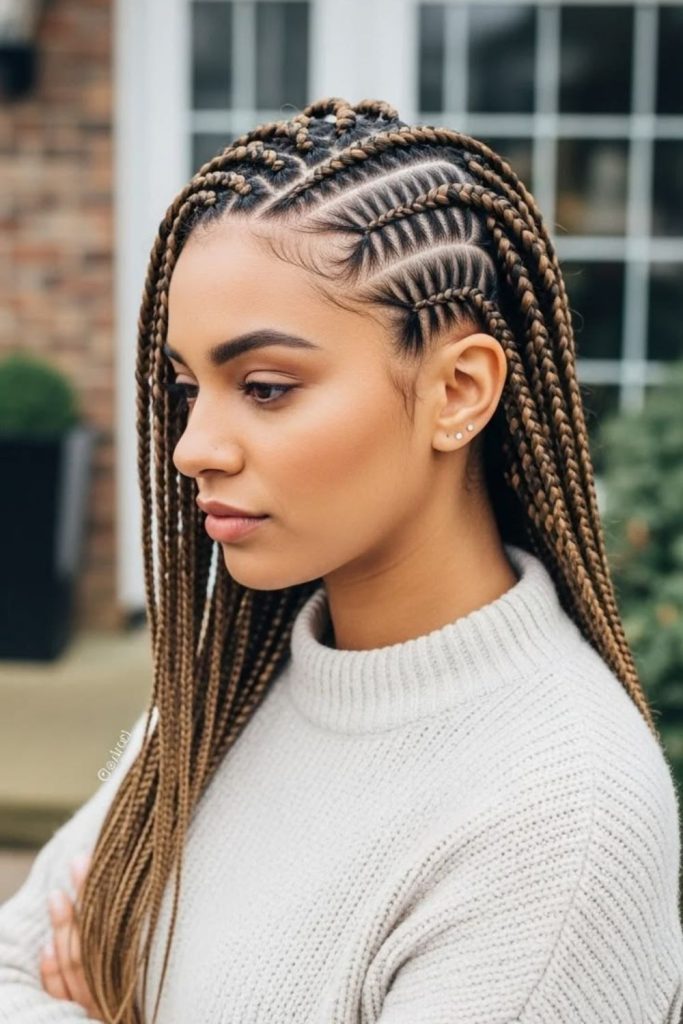 Tribal-inspired natural cornrow braid design.