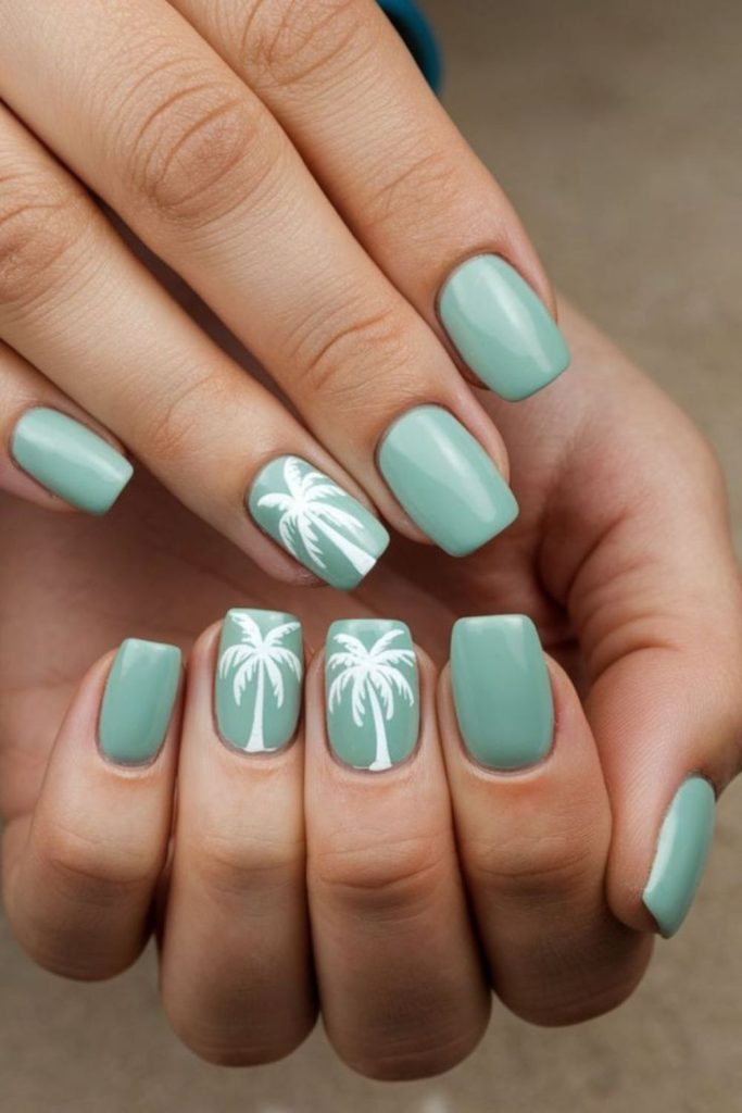 Mint tropical palm accent nail art.