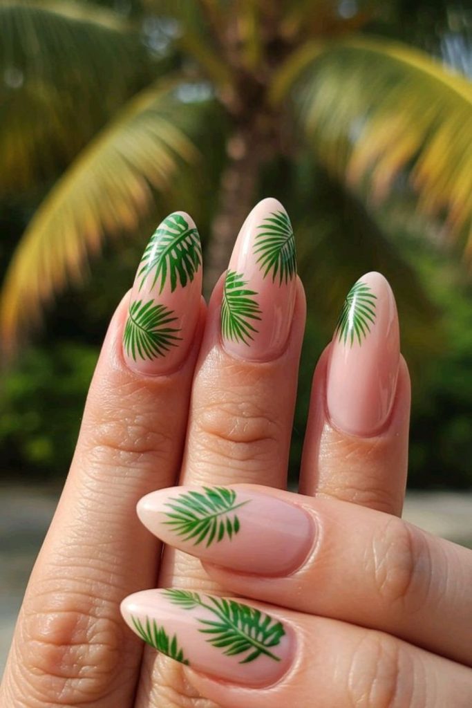 Tropical palm leaf nude manicure.