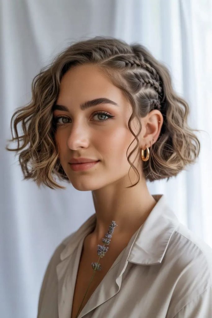 Front twisted short hairstyle accent.