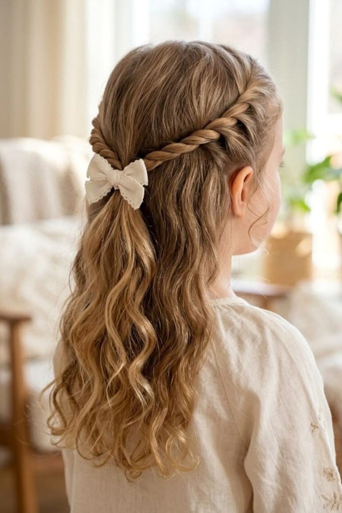 Twisted half-up princess hairstyle with clips.