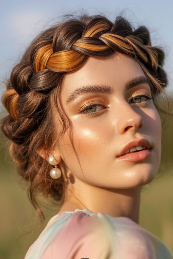 Twisted halo hairstyle with floral pins.
