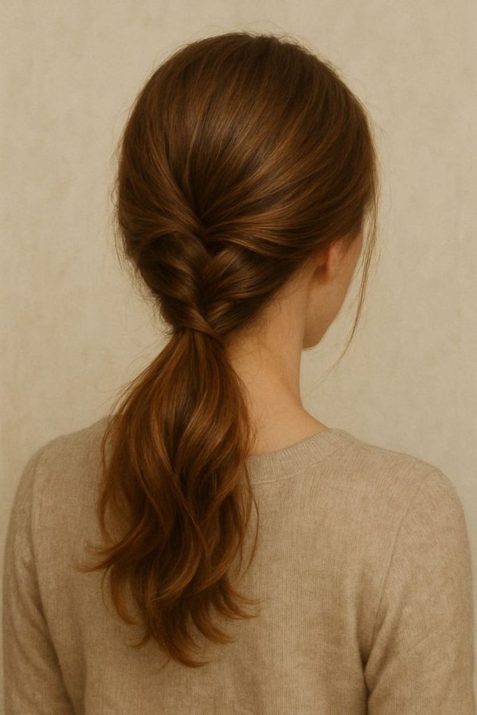 Twisted low pony with ribbon.