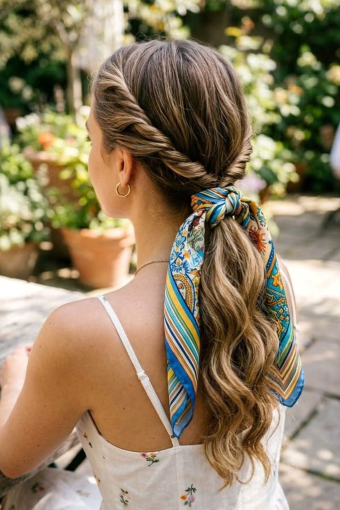 Twisted ponytail finished with bandana bow.
