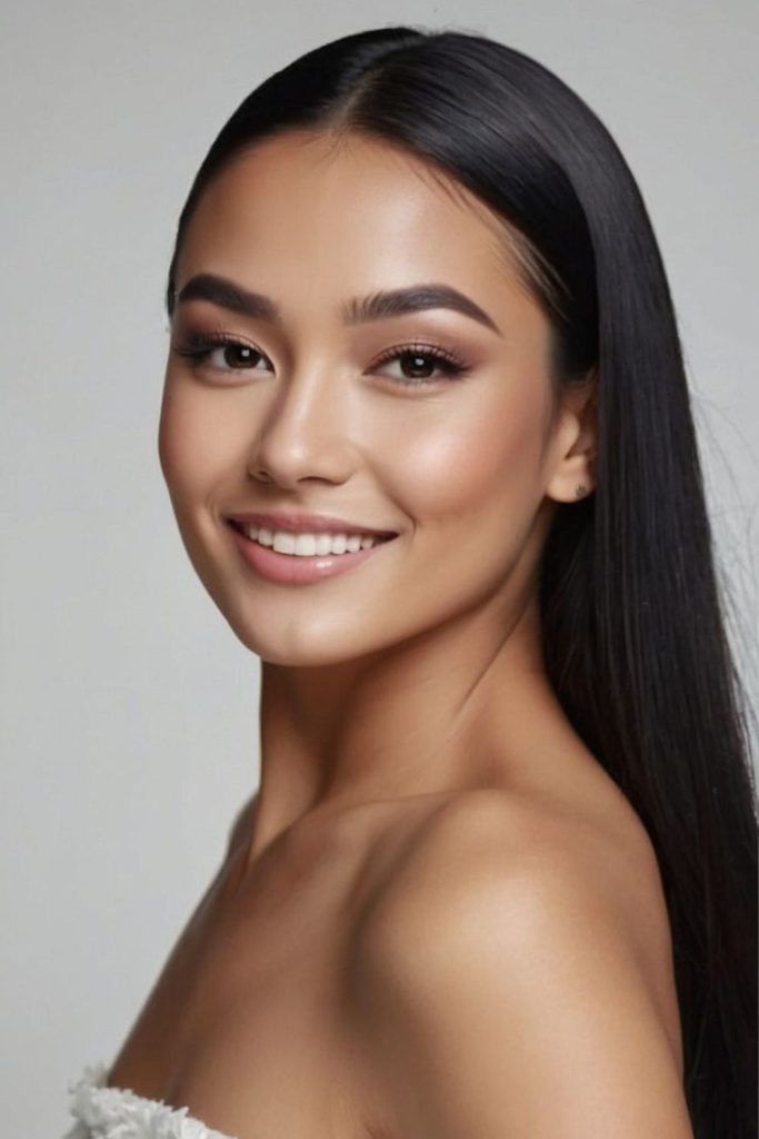 Glossy long straight velvet bridal hair.