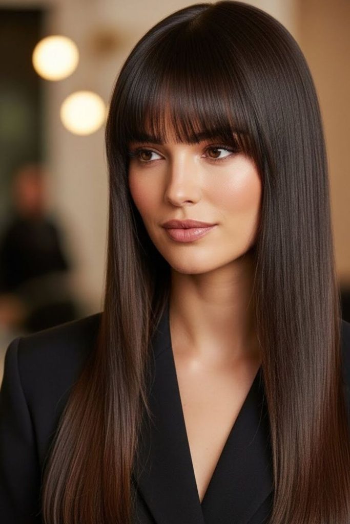 Velvet espresso sleek straight hairstyle.