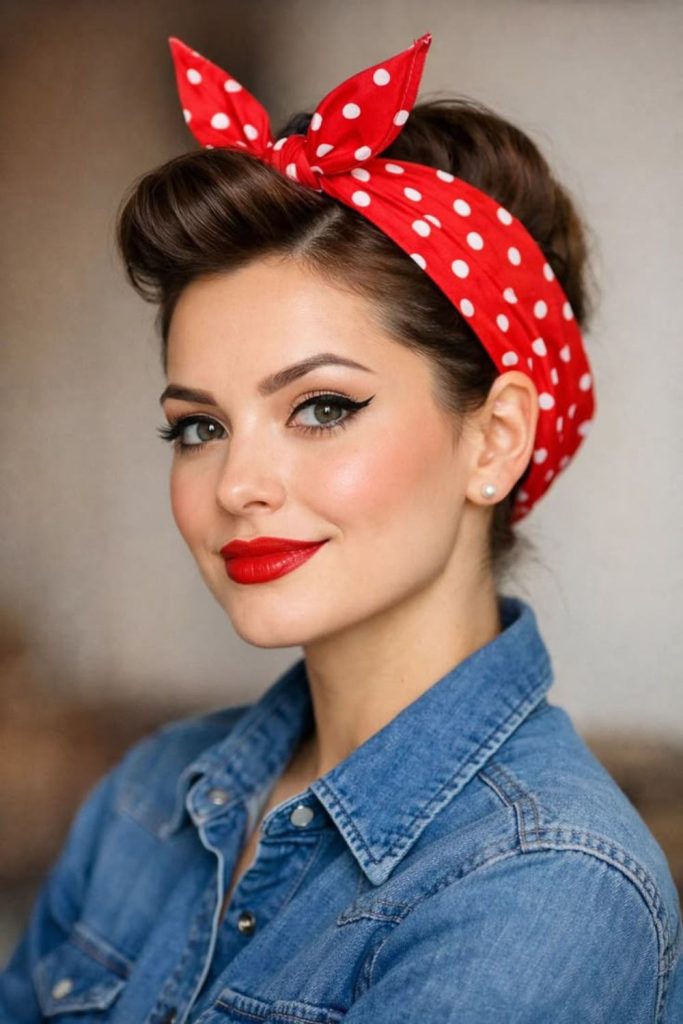 Vintage victory rolls with polka-dot bandana.