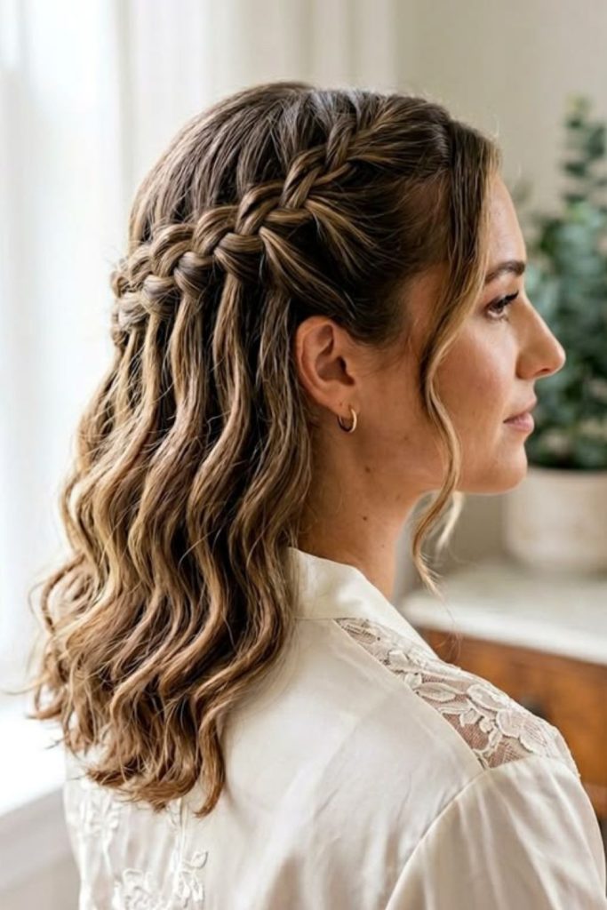 Waterfall braid over wavy hair.