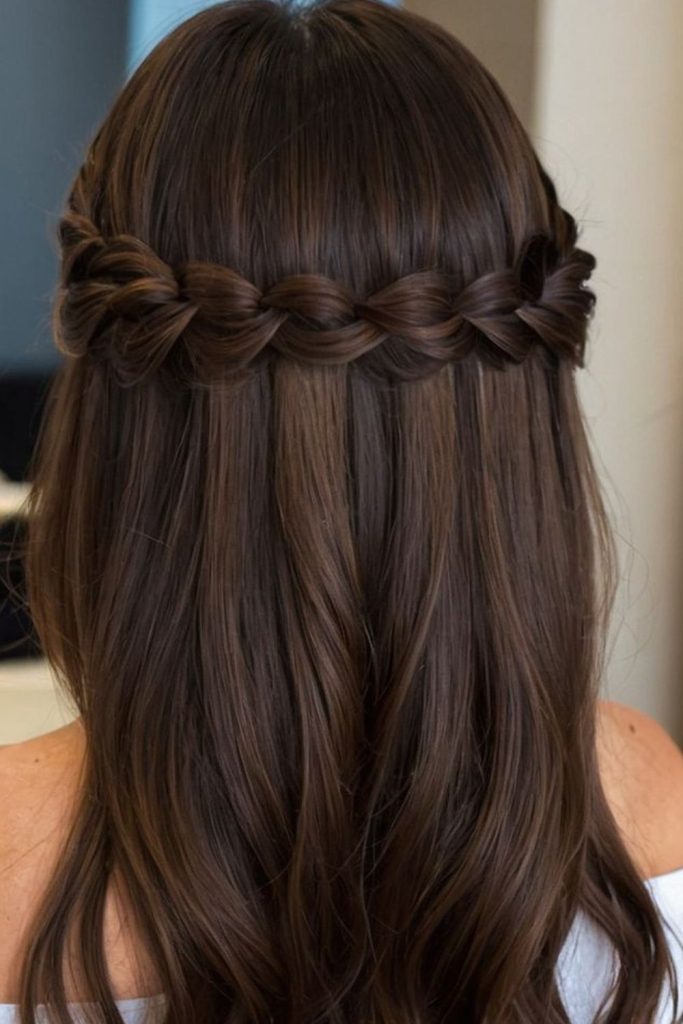 Waterfall braid over curled hair.