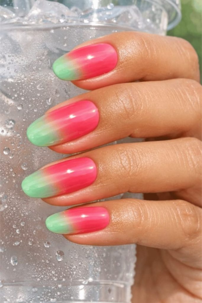 Watermelon pink summer fruit nail design.