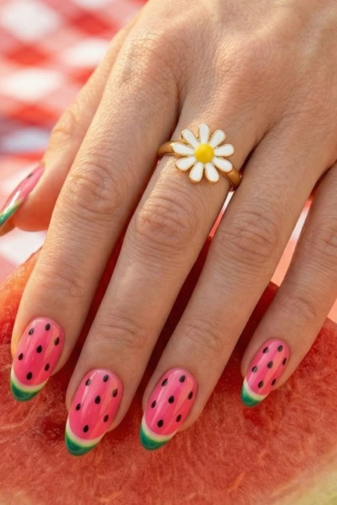 Watermelon-inspired pink and green nail art.