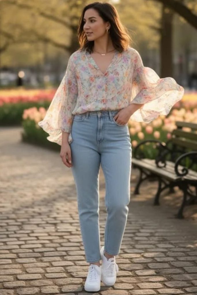 Relaxed jeans floral blouse outfit