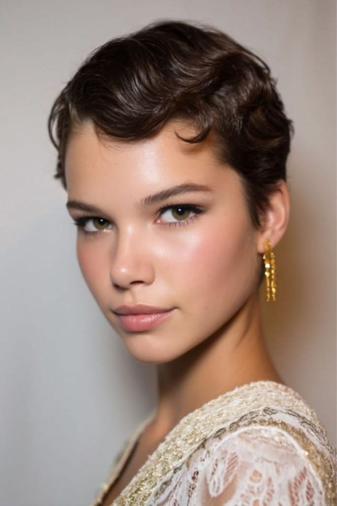 Sleek wet look pixie hairstyle.