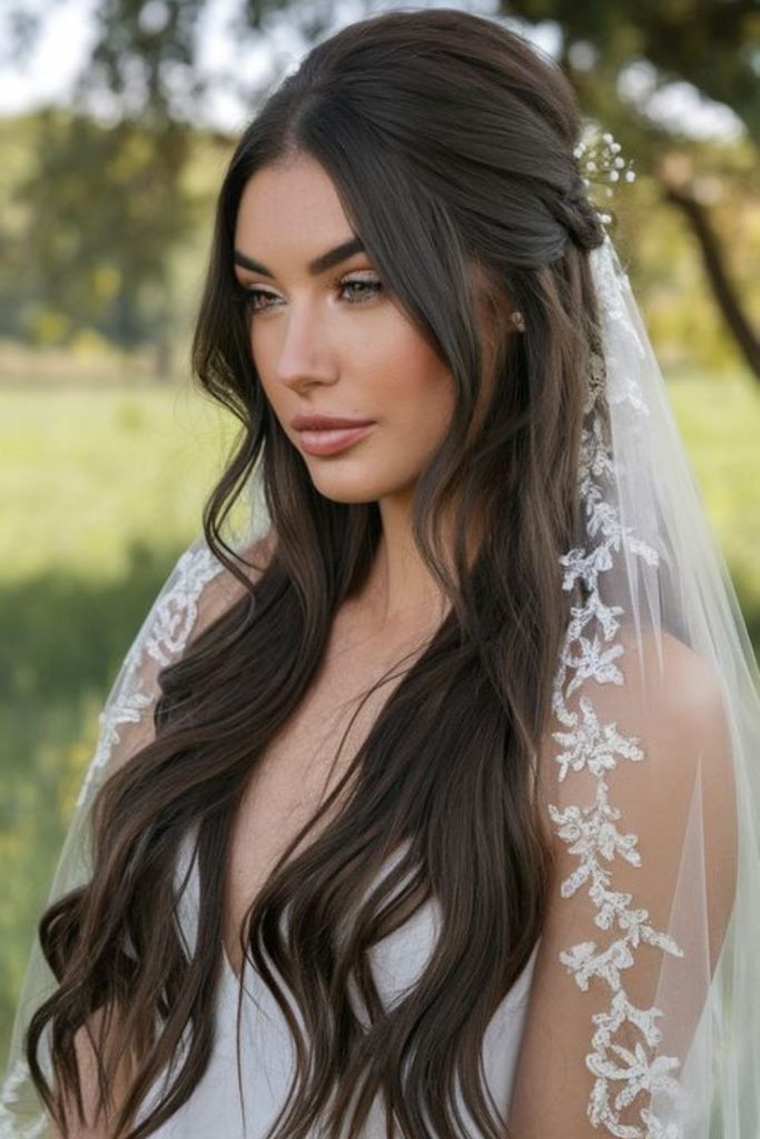 Straight hair with lace bridal veil.